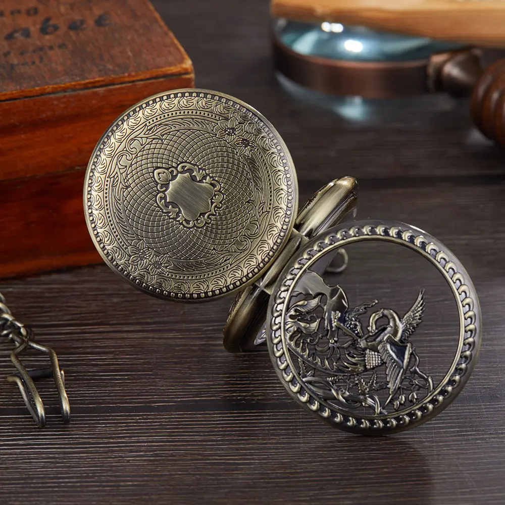 Vintage Mechanical Pocket Watch Hollow Phoenix Bird Roman Double Case Skeleton Clock Hand Winding Men Fob Chain Watches Clock
