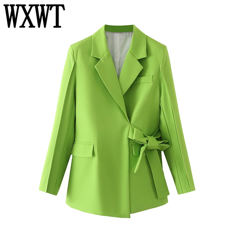 

WXWT Women Solid Fashion Belt Blazer Long Sleeve Female Streetwear Jacket Coat 2022 Spring Green Tops DT28055