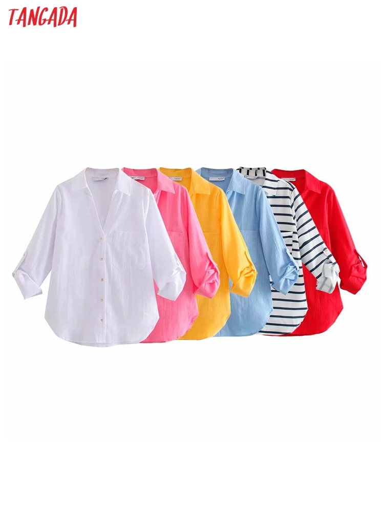 

Tangada Women Vintage Cotton Linen Shirt Long Sleeve 2022 Chic Female High Street Loose Shirt 6X02