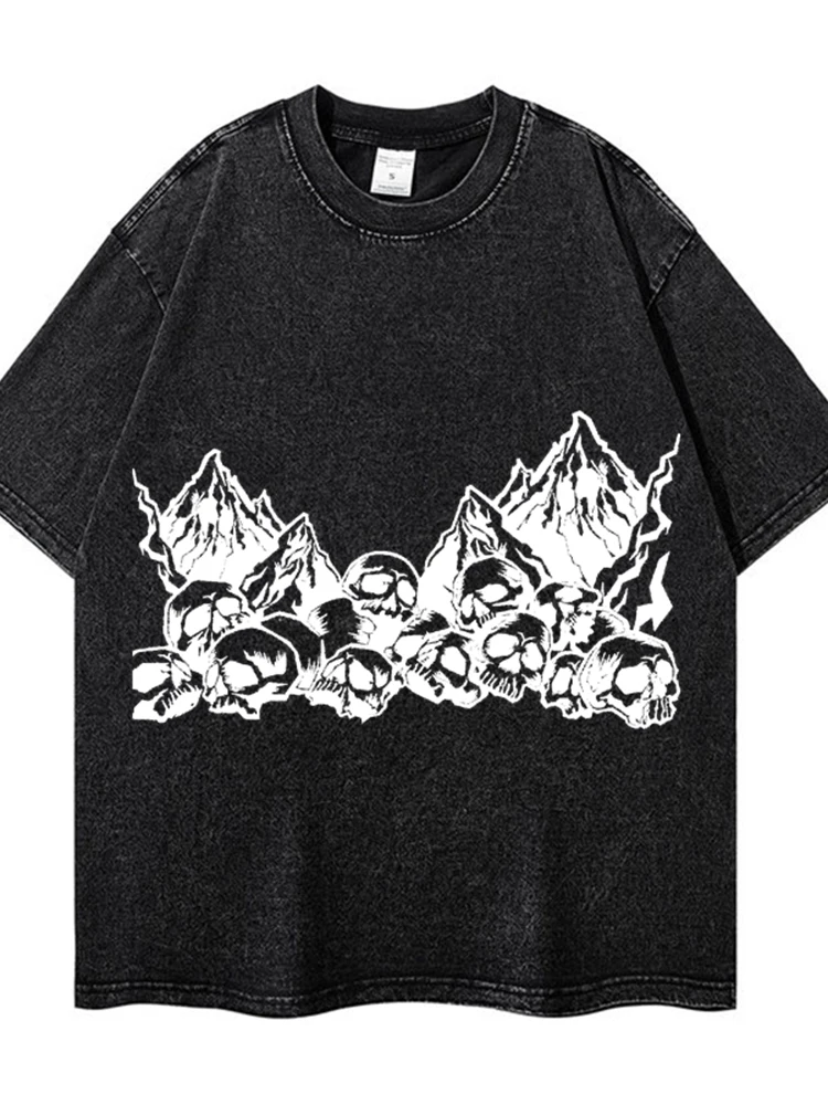 

100% Cotton Skull mountain Vintage Shirt Gothic Maiden Washed Tee Loose Round Neck Casual T-Shirt Y2K Harajuku 2023 style