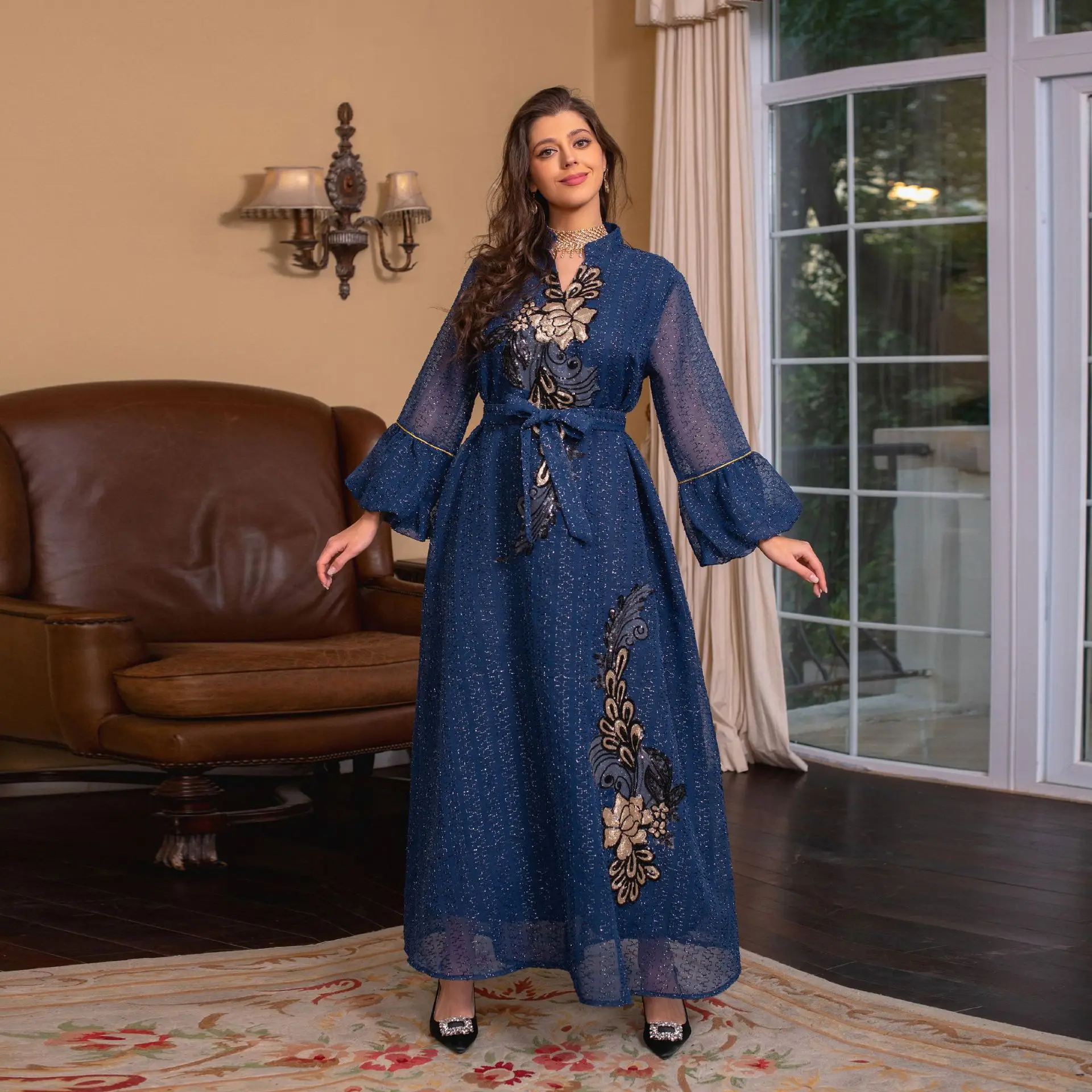 Muslim Kaftan Women's Dress Full Sleeved Floral Printed Loose Turkey Robe Elegant Casual Holiday Abayas Islamic Clothing