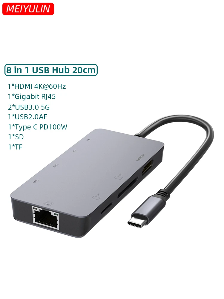 

8-in-1USB C Hub To 4K HDMI RJ45 PD100W Power Delivery USB C 3.0 Data Dock Station SD TF Card Reader For MacBook Air Pro Laptop