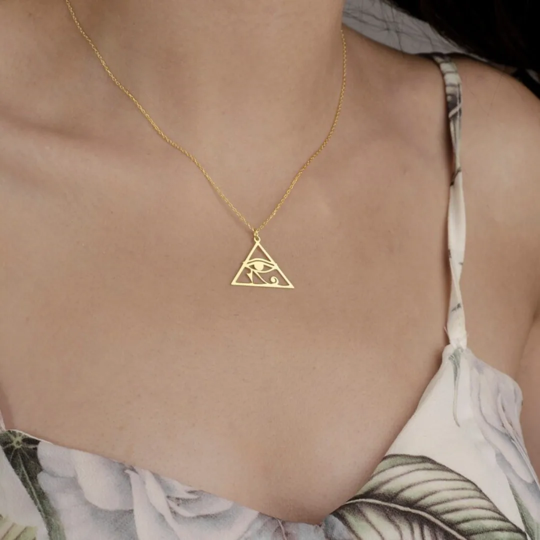 Stainless Steel Ancient Egypt Eye of Horus Necklace Retro Triangle Eye of Ra Pendant Necklace for Women Egyptian Amulet Jewelry