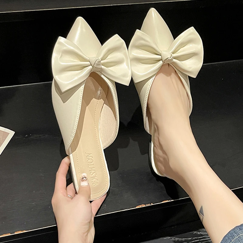 Women's Mules Slippers With Bow Flats Summer Pointed Toe Slippers Women Slip On Sexy Mule Sandals 2023 New Trend Luxury Designer