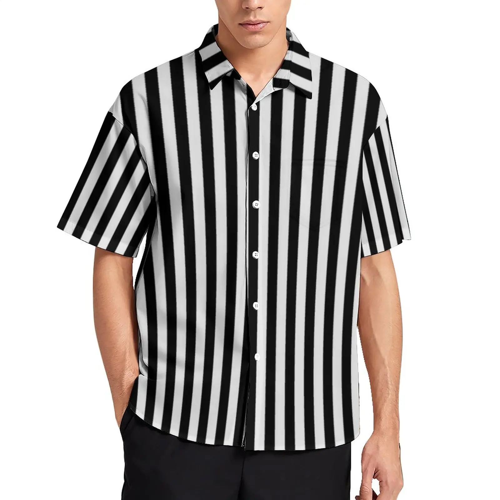 

Повседневные рубашки в черно-белую полоску, рубашка для отпуска в Вертикальную Полоску, блузки с коротким рукавом в стиле ретро с гавайским ...