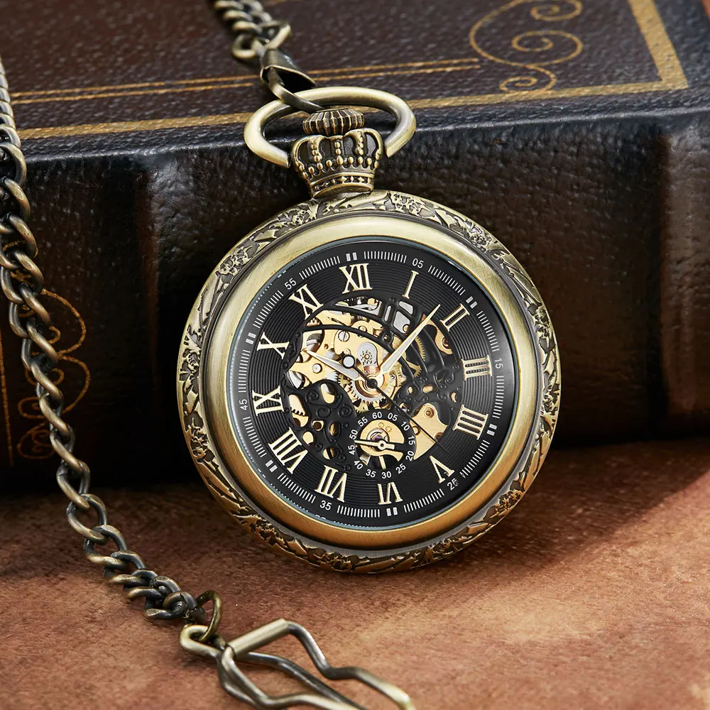 Crowns Design Carved Number Dial Vintage Mechanical Pocket Watch Men Unique Hollow Steampunk Retro Mechanical Clock Watch Chain