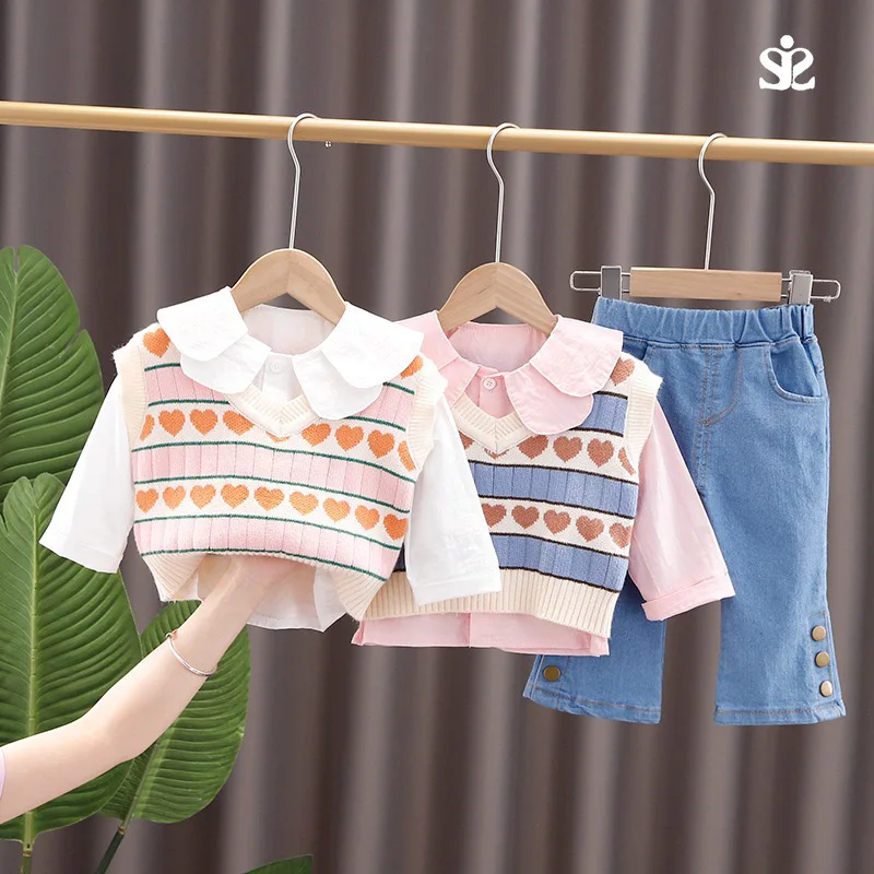 

Baby Girl Clothes 2022 Spring Autumn Girls 3PCS Clothing Set Knitted Sweater Vest Long Sleeve Shirt Fashion Jeans Pants Clothes