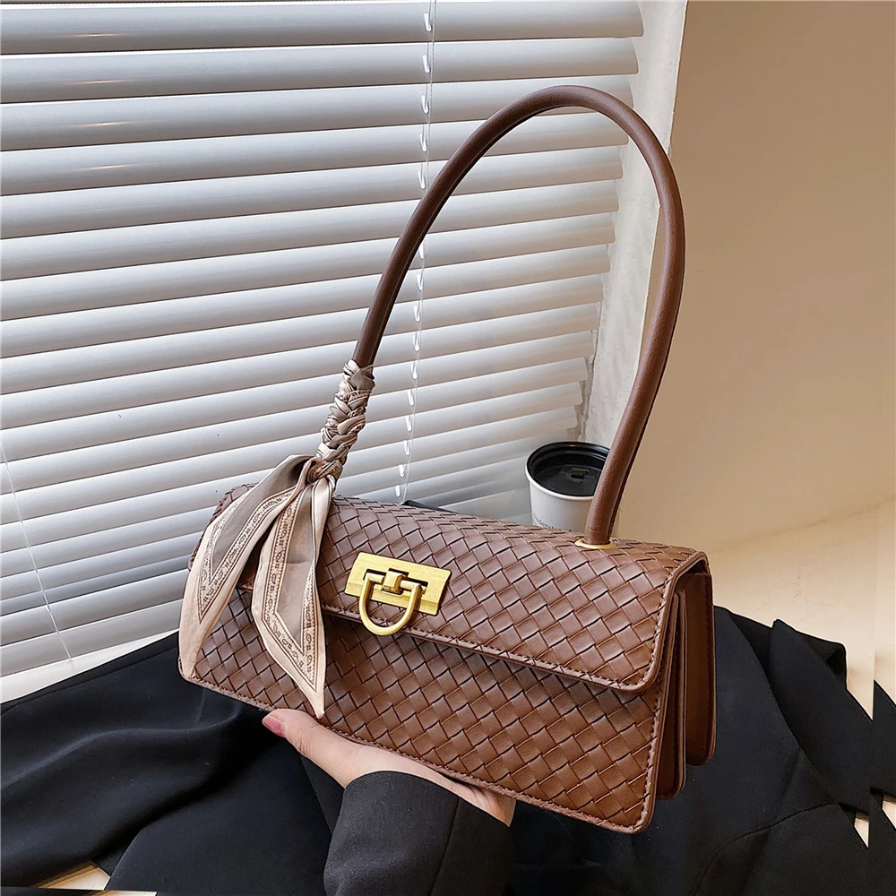 

Burminsa Retro Scarf Woven Pattern Underarm Shoulder Bags For Women 2022 Trend Fashion Brand Designer Flip Lock Ladies Handbags