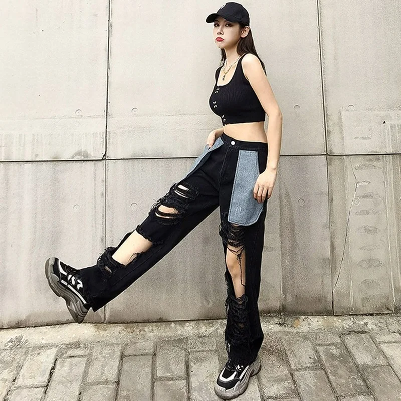 Trousers Fashion Spring and Autumn High-waist Stretch Raw Edge Frayed Hole Pockets Outturned Casual Wide-leg Jeans Loose Women's