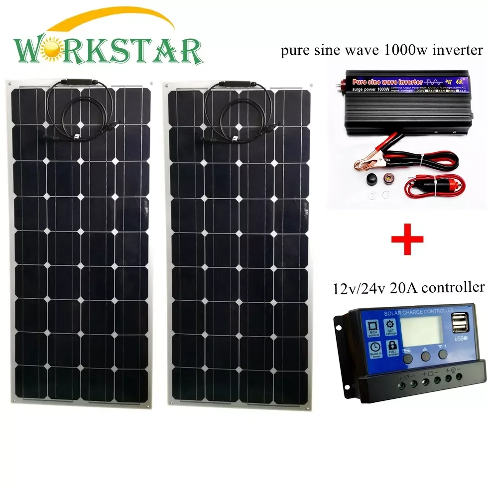 

WORKSTAR 2*100W Flexible Solar Panels with 20A Controller and 1000W Inverter 200W Solar System for Beginner for RV/boat