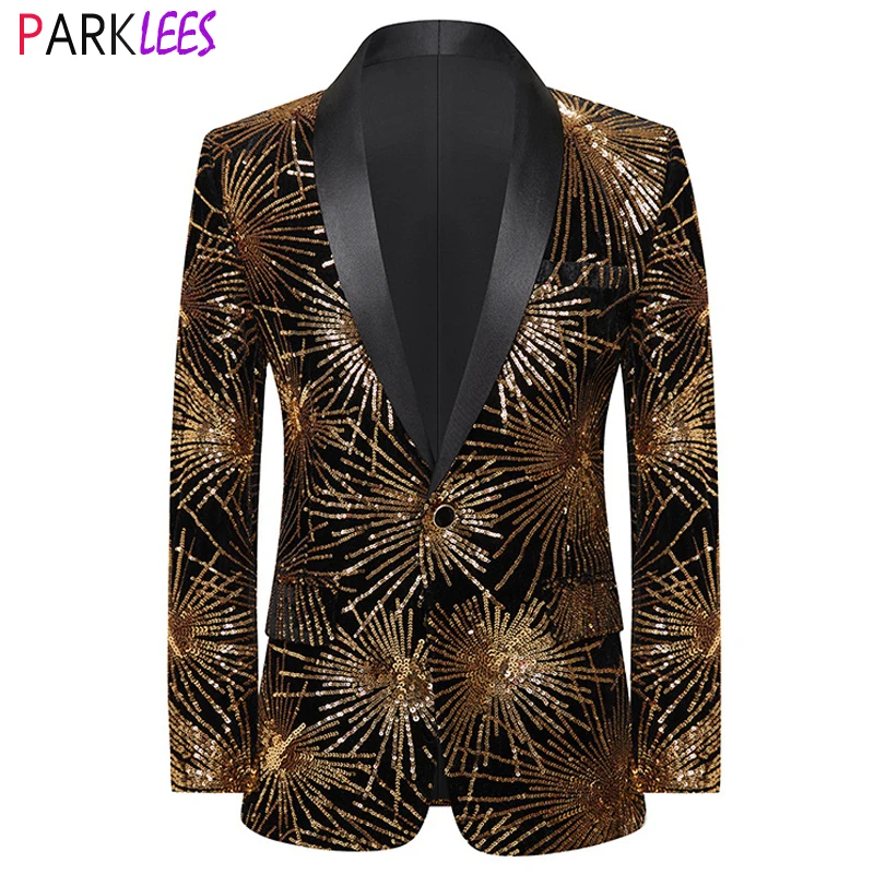 Mens Stylish Gold Fireworks Sequin Glitter Suit Jacket One Button Shawl Collar Slim Fit Blazers Party Prom Stage Wedding Costume