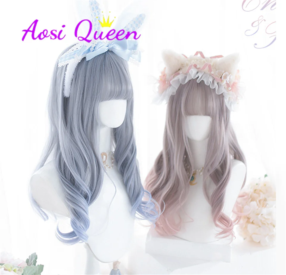 

AS pink blue highlights curls Straight with Bangs Synthetic Wigs for Women's Lolita Fake Hair Green Purple Cosplay Hairpiece