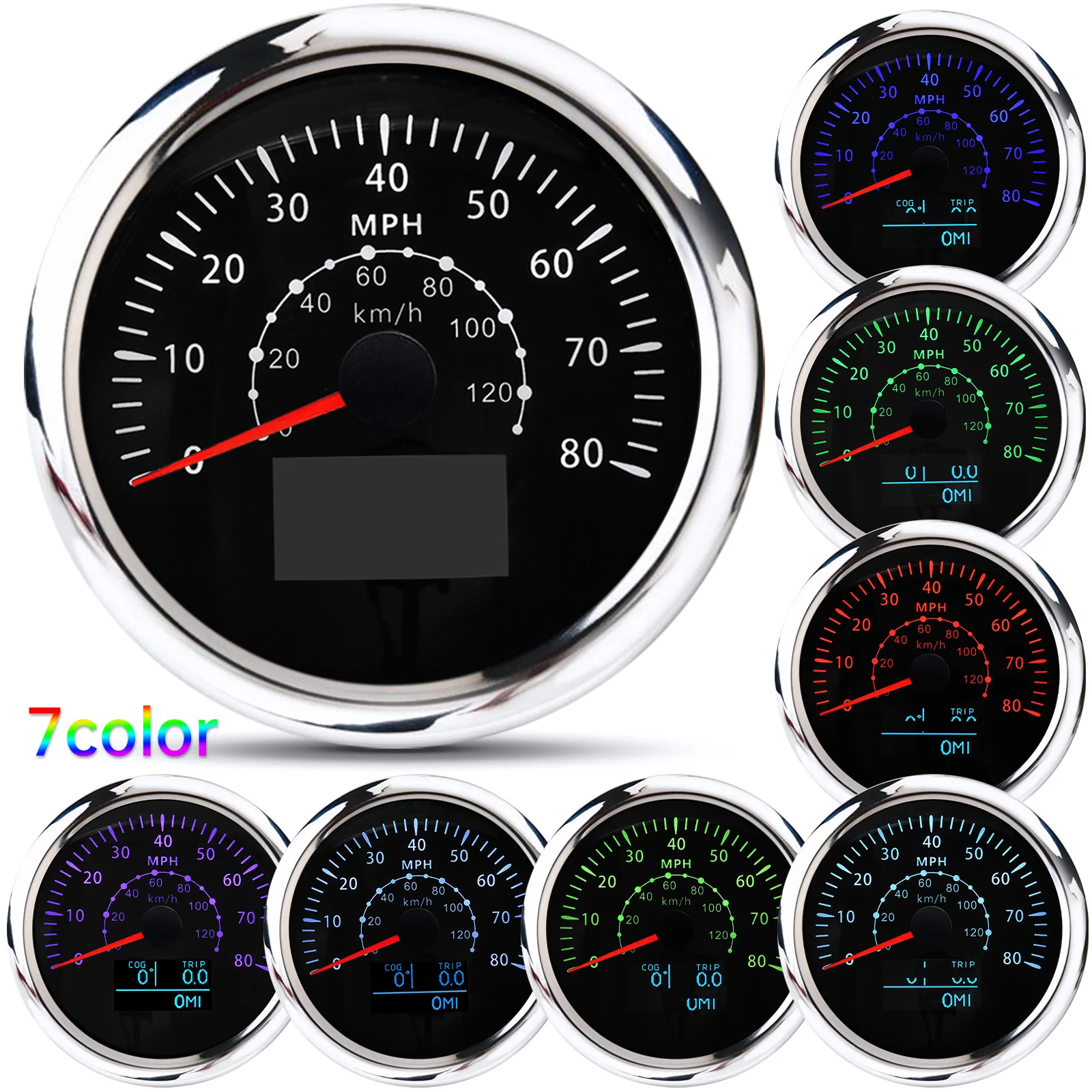 

A 85mm GPS Speedometer With Antenna 7 Colors LED Waterproof Odometer Adjustable Trip ODO COG For Motorcycle Yacht Boat Car 9-32V