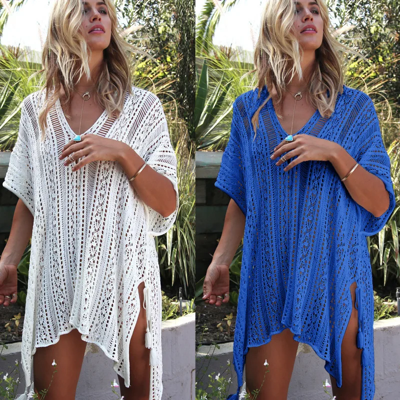 Summer Women's Knitted Hollow Loose Sexy Holiday Beach Blouse Sun Protection Clothing Cover Up