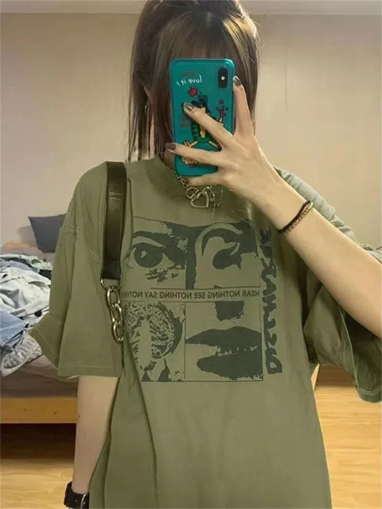 

Deeptown Y2K Grunge Graphic T-shirt Green Top Korean Kpop Harajuku Oversized Women Tees 90s Vintage Streetwear Aesthetic T Shirt