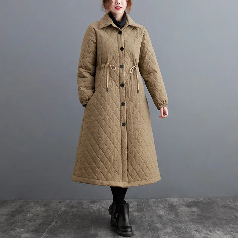 Women's Winter 2021 Fashion New Quilted Cotton Cardigan Long-sleeved Stand-up Collar Solid Color Wild Literary Retro Long Coat