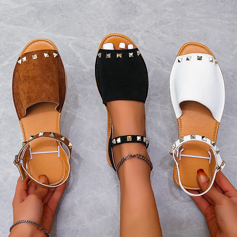 

Сандалии женские на плоской подошве, Босоножки с открытым носком, ремешок на щиколотке, пряжка, низкий каблук, в ретро стиле, лето