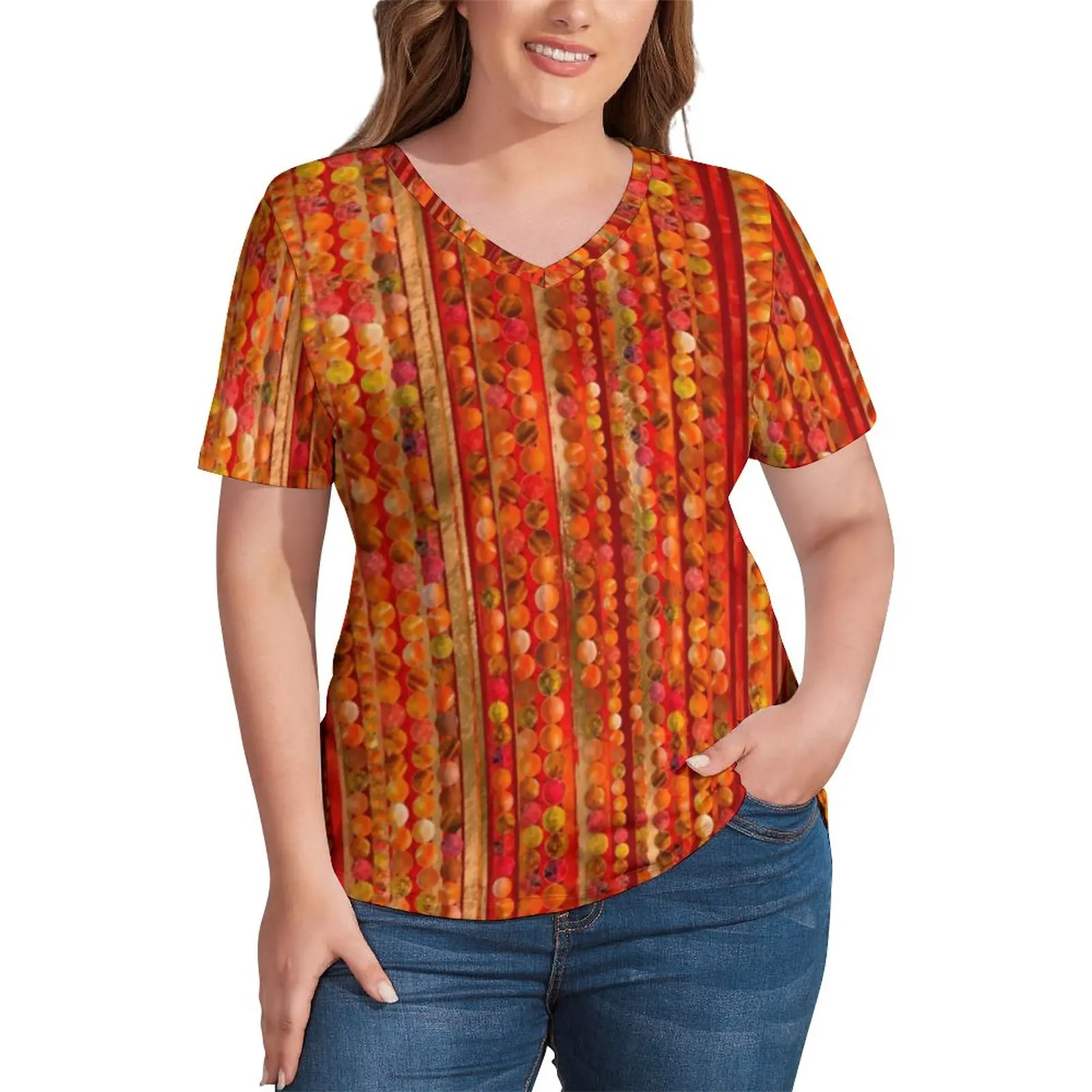 

Beads And Stripes T Shirts Red Gemstone Print V Neck Basic T-Shirt Women Harajuku Tee Shirt Graphic Top Tees Plus Size 3XL 4XL