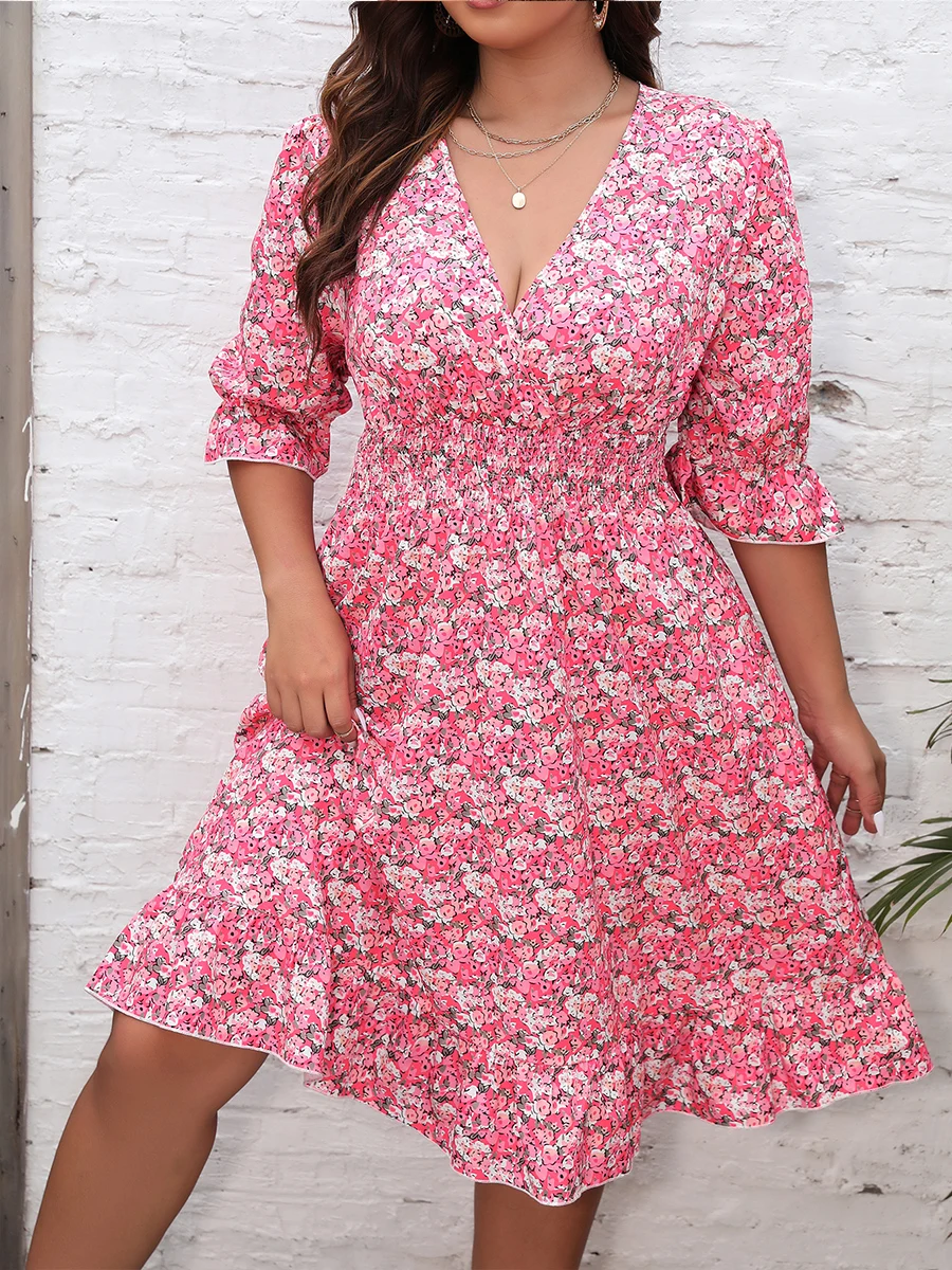 

Finjani Women's Dress Allover Floral Print Ruffle Detail Shirred Dresses V-neck Plus Size Summer Tassel Hem Dress