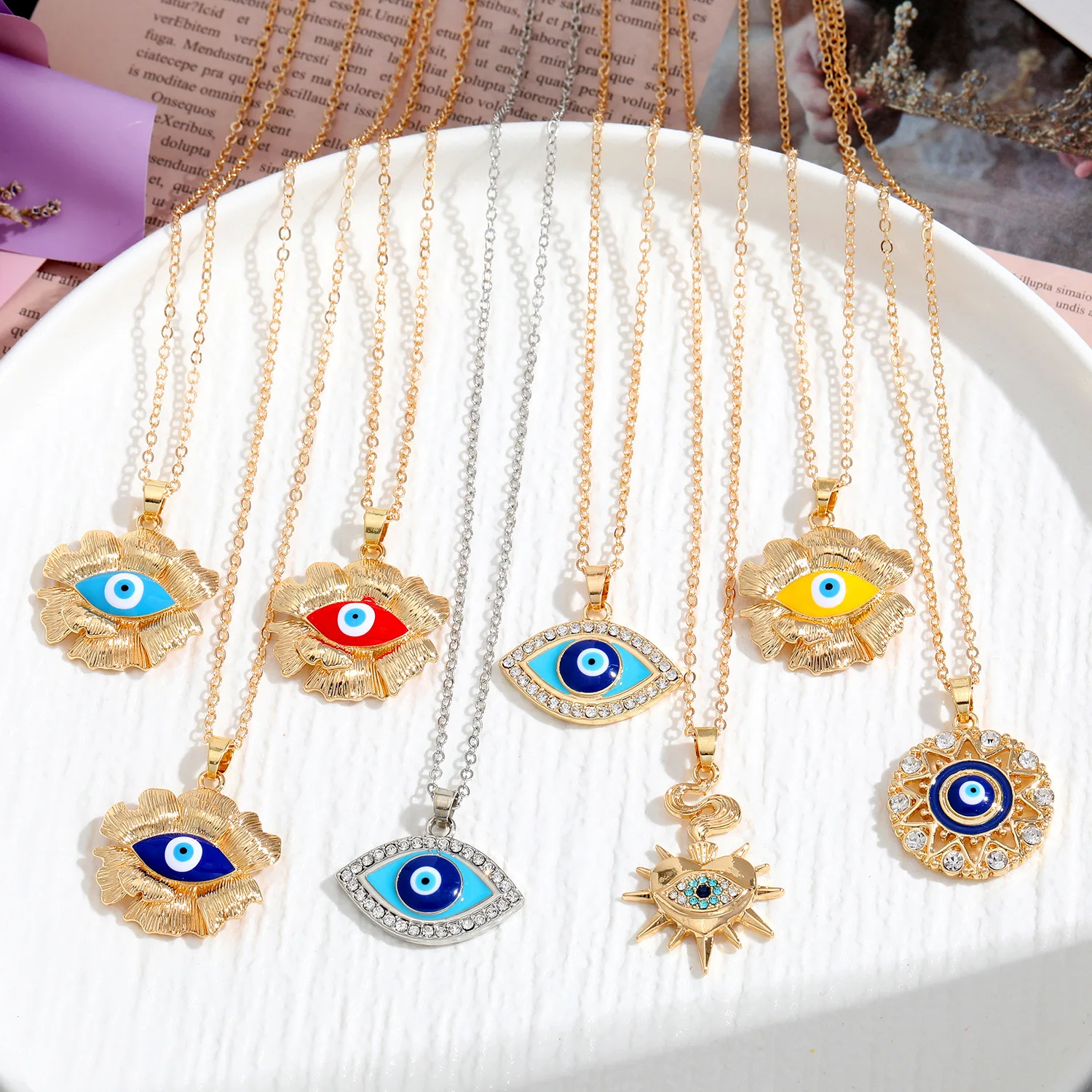 

S3567 Geometric Flower Enamel Evil Eye Pendant Necklace For Women Blue Eyes Choker Necklaces