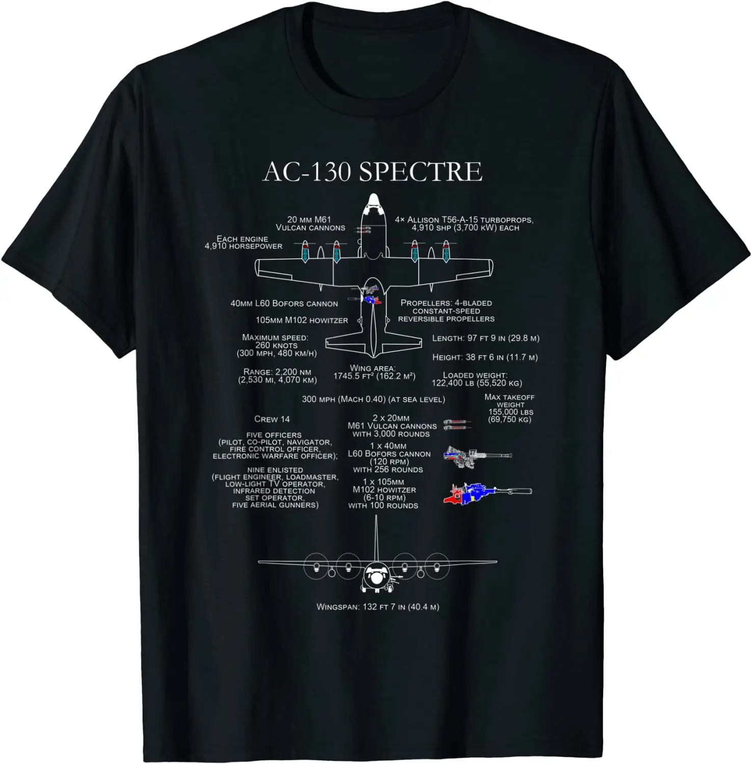 

Rare AC-130 Spooky Gunship Specs Infographics T Shirt New 100% Cotton Short Sleeve O-Neck T-shirt Casual Mens Top