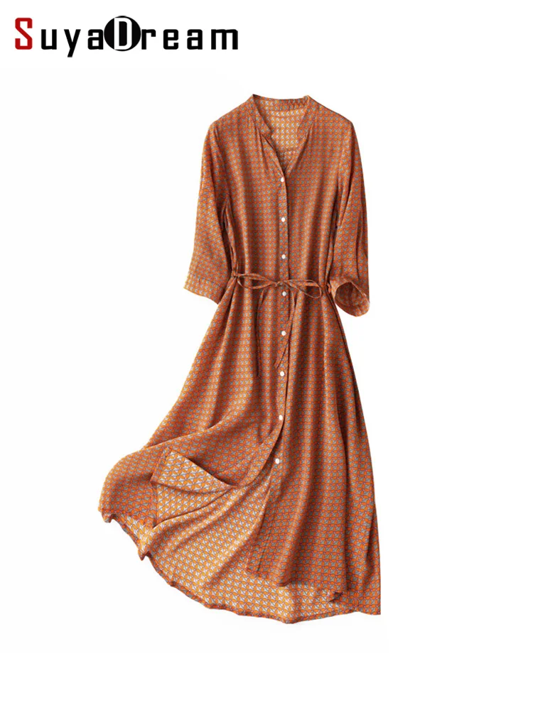 

SuyaDream Woman Shirt Dress 100%Silk Crepe V neck Printed Sashes Mid Dresses 2022 Spring Summer Clothes