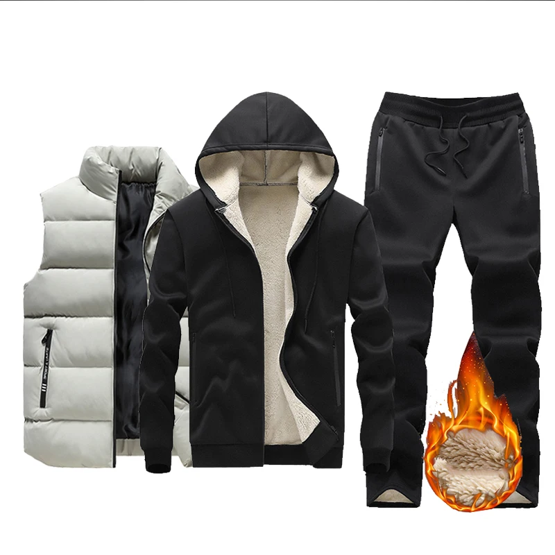 New Fleece Men Set Fashion Brand Tracksuit Lined Thick Hooded Sweatshirt + Pants Sportswear 3Pcs Sets Male Winter Warm Outerwear