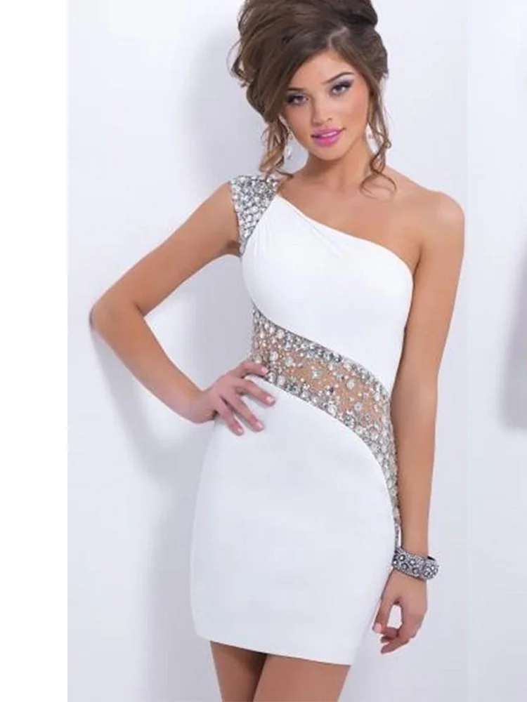 

2022 Sexy Short Party Dress One Shoulder Beading Prom Dress Simple Satin Crystal Evening Dress For Women Vestidos De Noche
