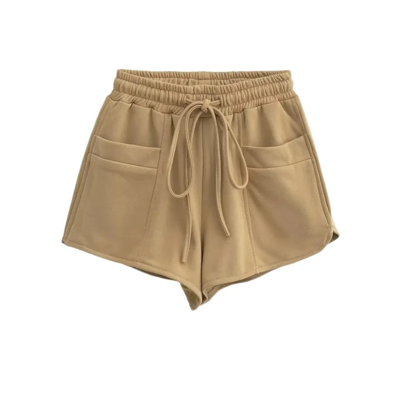 

Basic Joker loose casual shorts women's elastic waist drawstring double pocket pants leg side split sweatpants in summer
