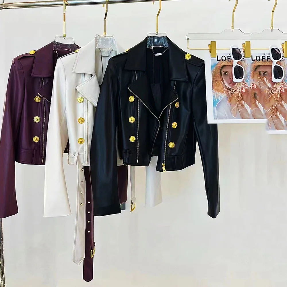 

Motorcycle Leather Jacket Women 2023 Spring Autumn Metal Buttons Short Pu Leather Outwear Femme Coat Lady Elegant Casual Jackets