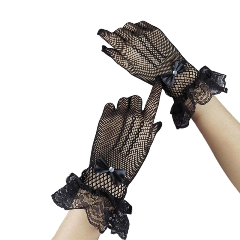 

Sexy Elastic Mesh Gloves with Black Floral Decor Bungee Stage Performance Hollow Fishnet Punk Hip Hop Women Gloves DXAA