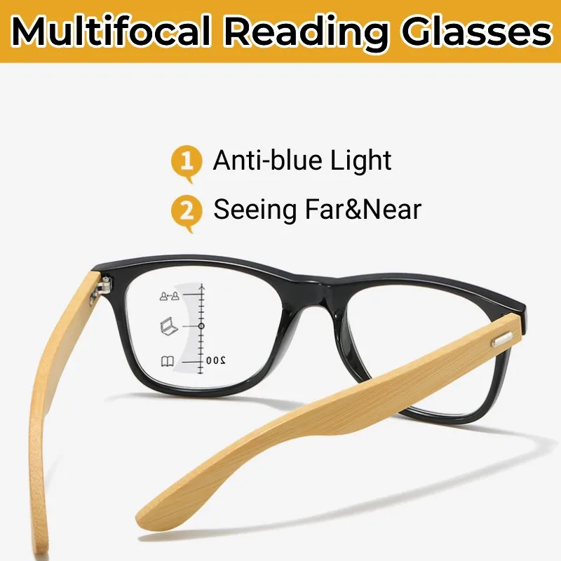 

Vintage Square Wooden Legs Blue Light Blocking Bifocal Eyewear New Style Near&Far Multifocal Reading Glasses Diopters Eyeglasses