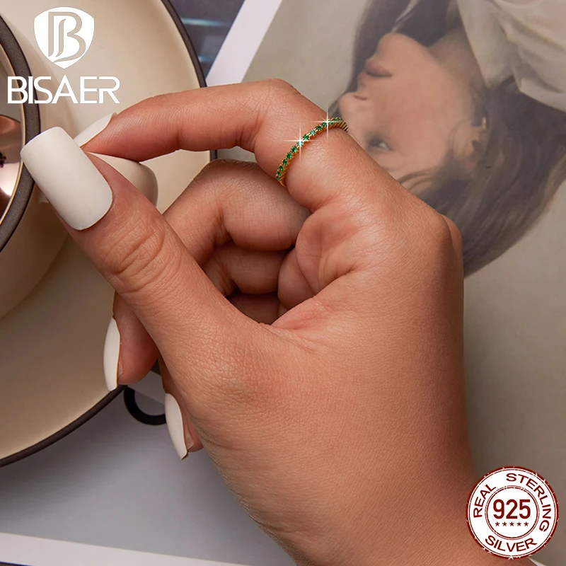 

BISAER 925 Sterling Silver Eternity Rings Sparkling Green Zircon Open Ring Finger Adjustable Size 5-9 Fit Wedding Bands Jewelry