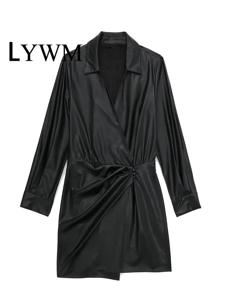 

Женское модное однотонное Плиссированное мини-платье LYWM из искусственной кожи, винтажные женские шикарные платья с отворотом и длинным рук...