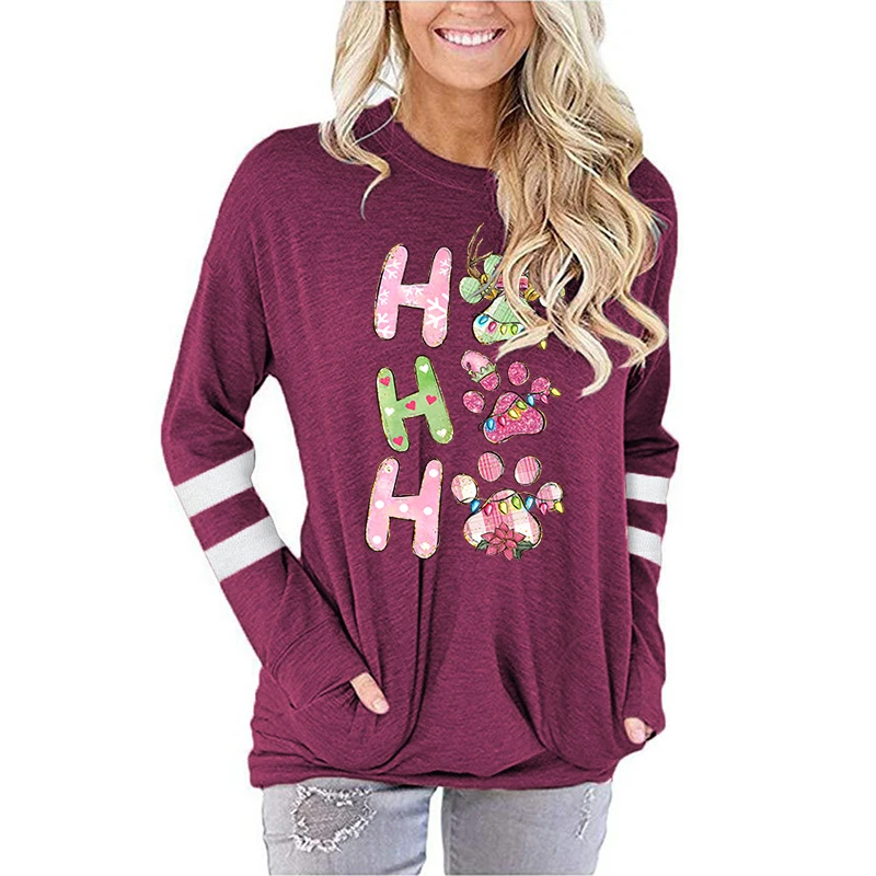 

Ho Ho Ho Merry Christmas Paw Women Tee Shirt Female Clothes Long Sleeve Top Fashion Lovely Merry Christmas Graphic T-Shirt Tops