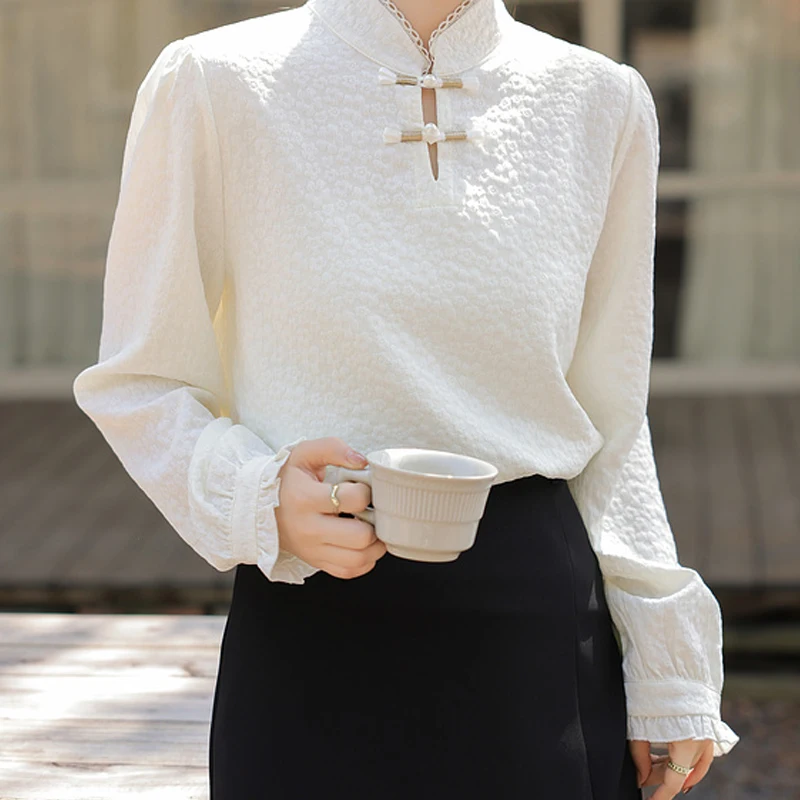 Женская жаккардовая блузка с длинным рукавом и стоячим воротником