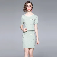 womens summer new high end temperament round neck short sleeve beaded thin top elastic waist skirt knitted two piece suit