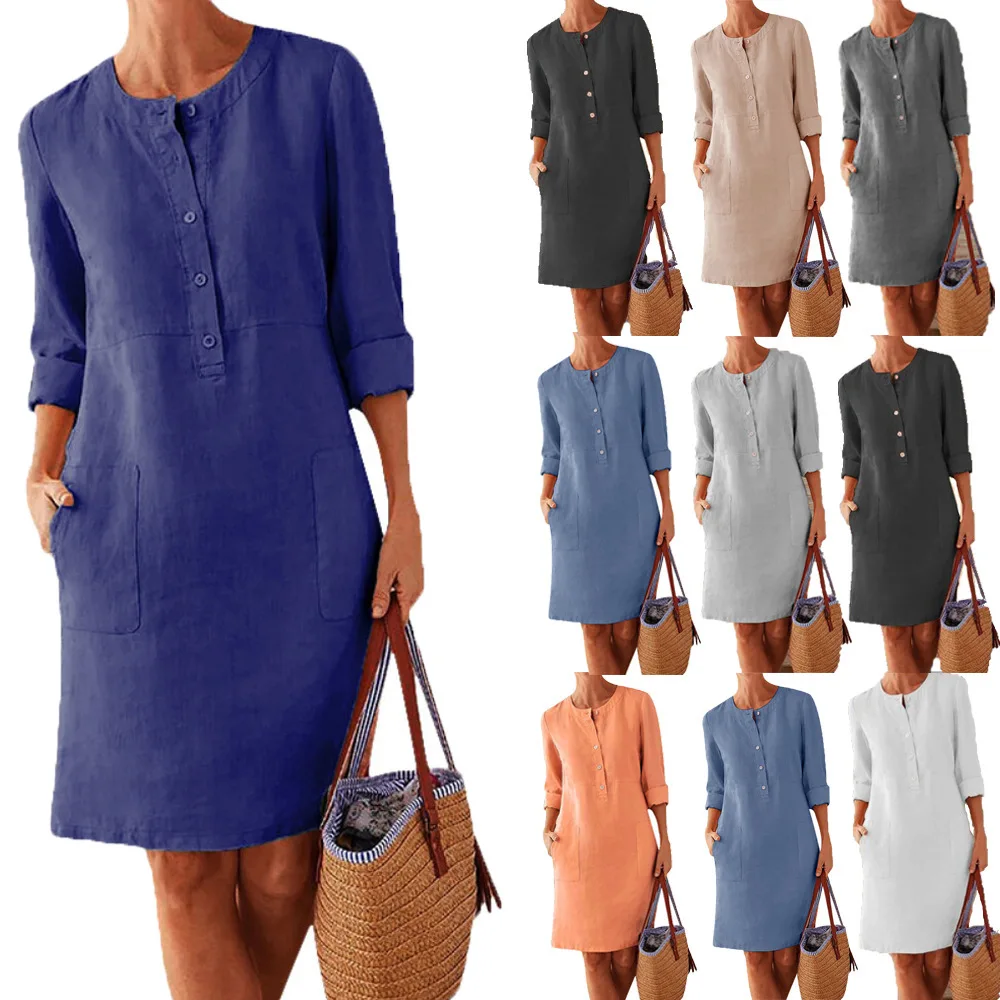 Autumn and Winter Cotton and Linen Dress Women Solid Color Mid-length Long-sleeved Shirt Mini Dress