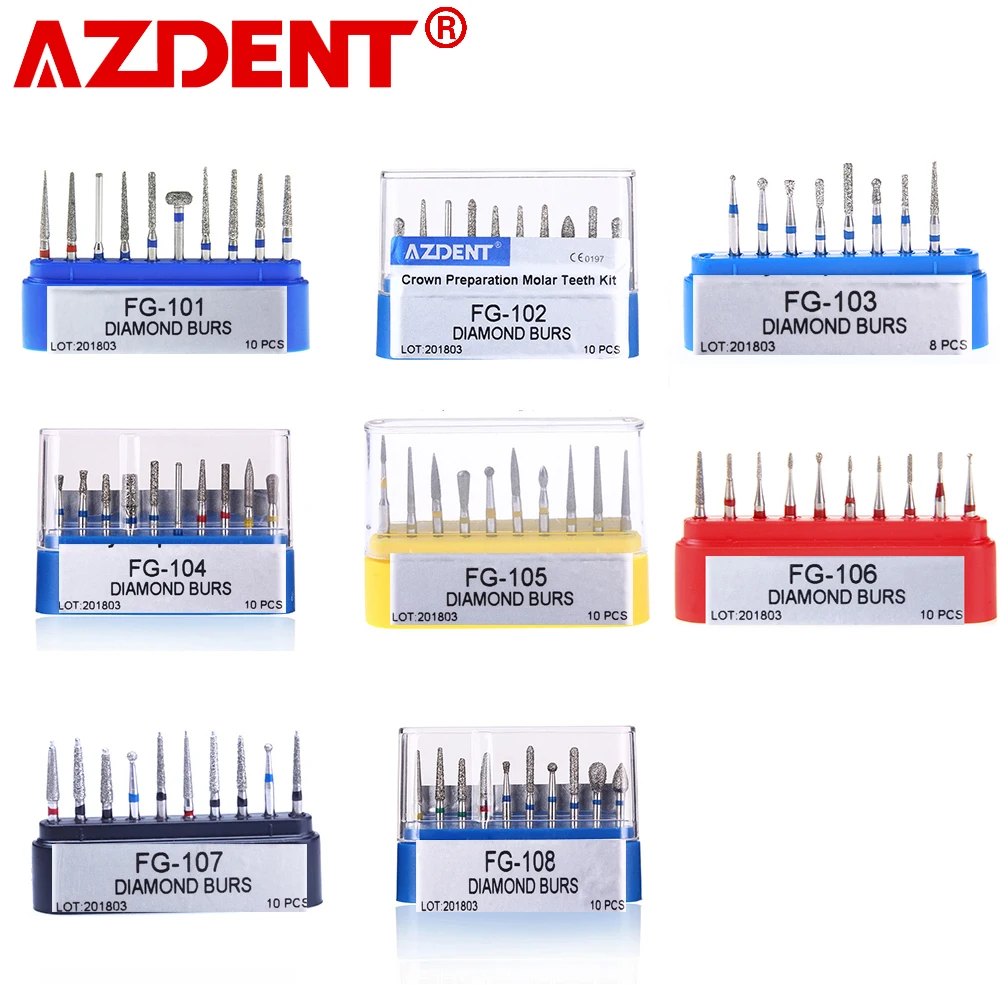 AZDENT 1 Box Dental Diamond Burs Drill for High Speed Handpiece Dentist Burs FG Series Dia.1.6mm