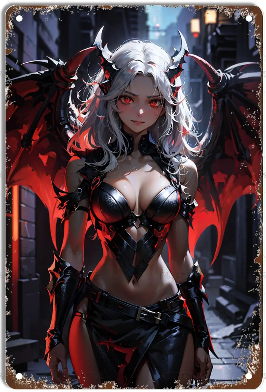 Металлический жестяной знак демон фотография девушка огромные груди железная