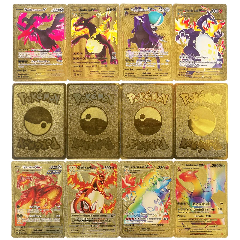 

42Pcs Pokemon Metal Gold Card Box Golden Letters Spanish English PIKACHU Charizard Vmax Card Kids Game Collection Gift Toy