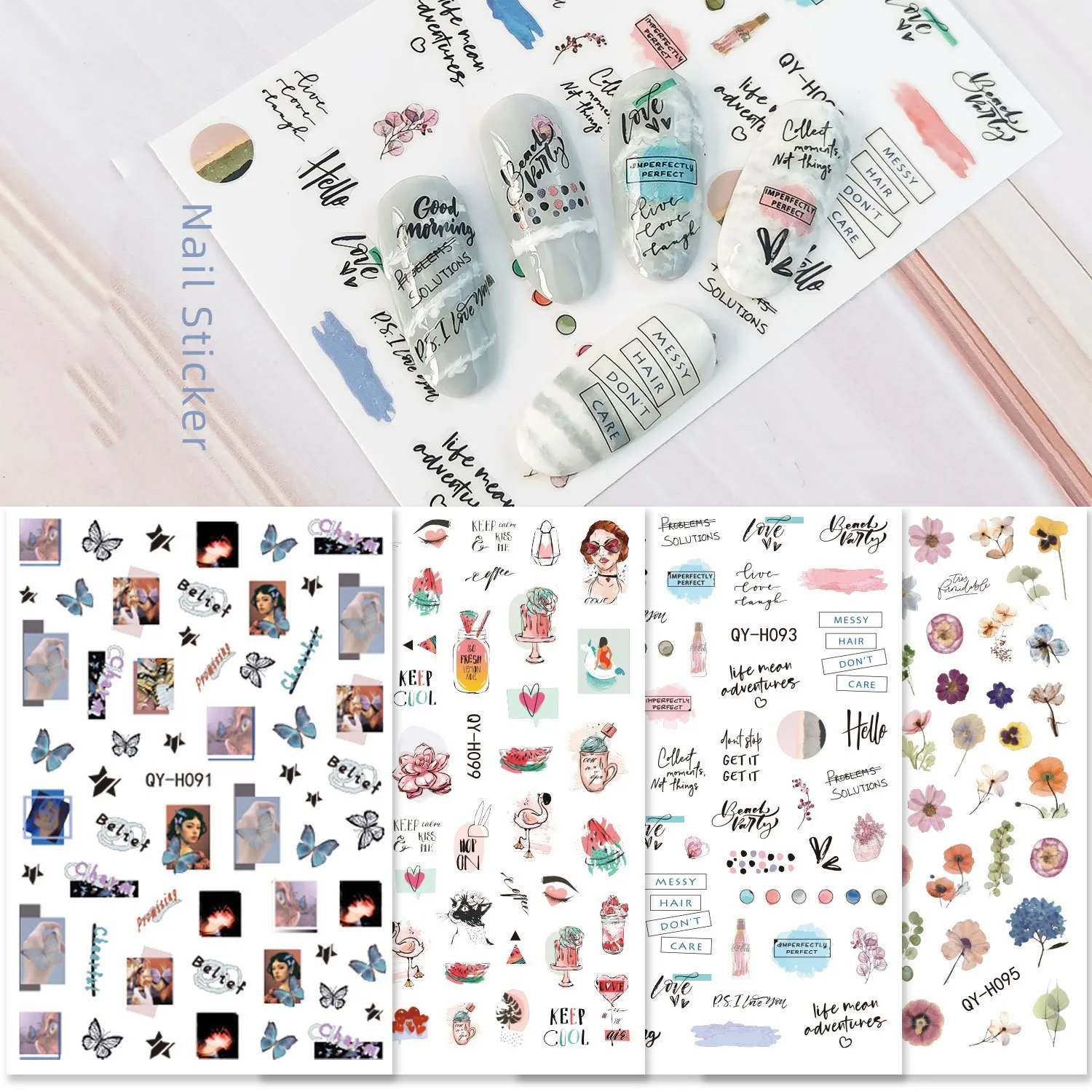 

1Pcs New 3D Nail Stickers English Letter Decal For Nail Foil Love Abstract Face Design Art Flowers Nails Accessorie Stickers