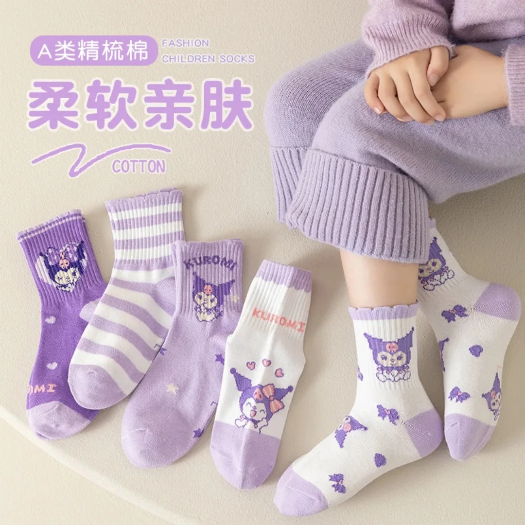 5 пар детские носки Sanrio Kuromi новинка осенне-зимние для девочек с рисунками из