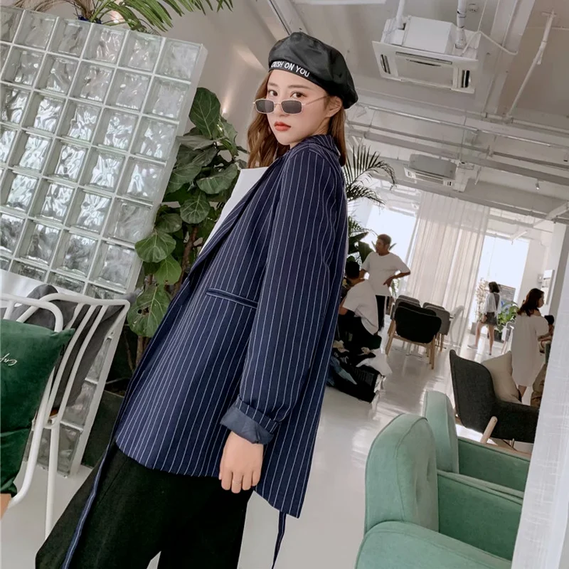 Striped and Floral Blazer with Bandage 2021 Women Fashion Buttonless Patchwork Lace Up Casual Office Blazer Suit with Free Belt