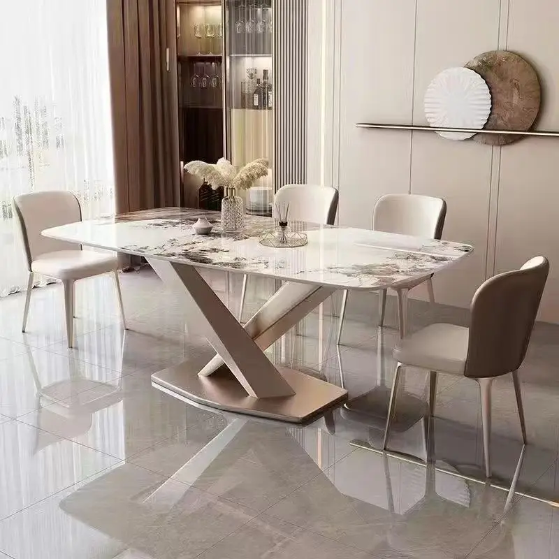 Фото Итальянский минималистичный современный обеденный стол на 8 персон с мраморной столешницей из ясеня в скандинавском стиле, водонепроницаемый, раздвижной, для столовой №5
