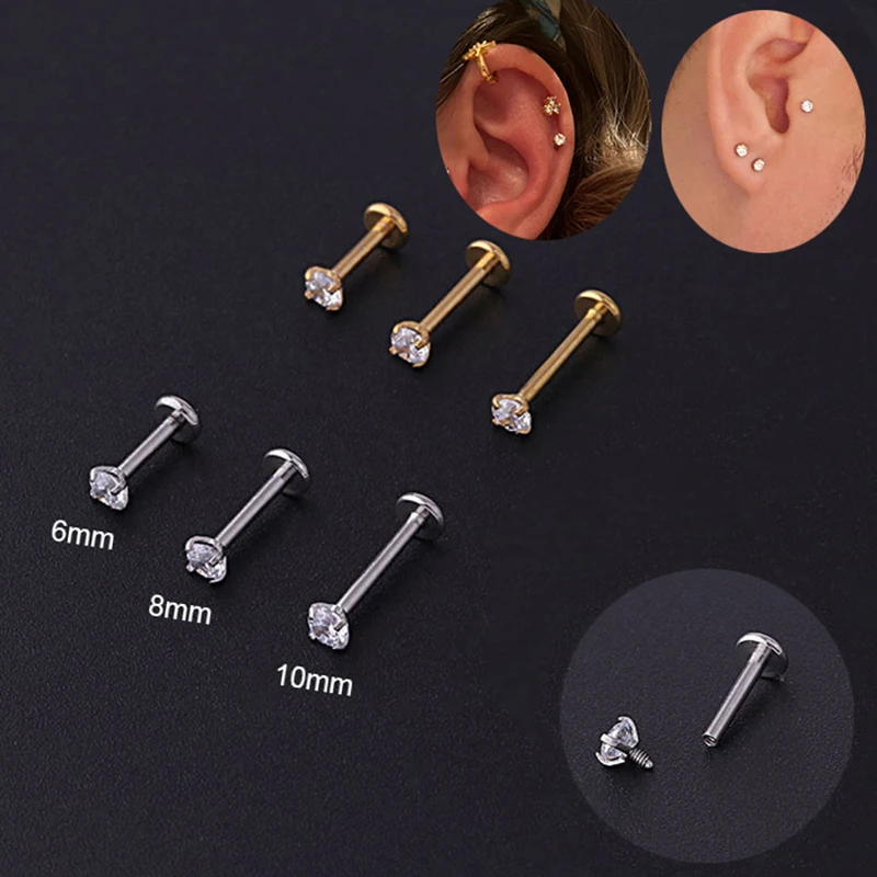 2PCS Stainless Steel Piercing Traguss Stud Crystal Labret Small Ear Stud Helix Cartilage Earring for Women Piercing Body Jewelry