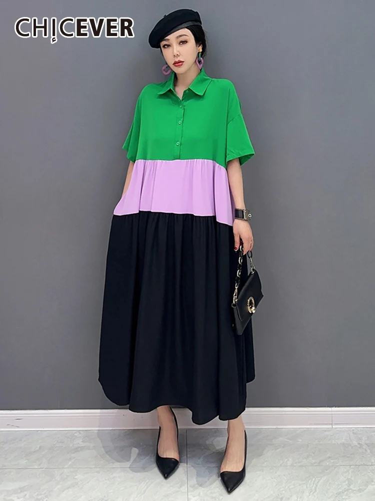 

CHICEVER Colorblock Pullover Dresses For Women Lapel Short Sleeve Single Breasted High Waist Folds Patchwork Dress Female Summer