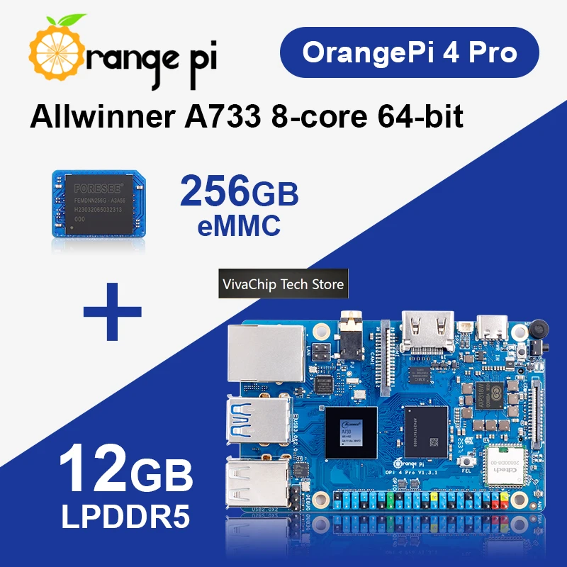 Фото VivaChip TechOrange Pi 4 Pro 12 ГБ LPDDR5 + 256 ГБ EMMC модуль, чип Allwinner A733, NPU 3 TOPS, Wi-Fi 6.0 + BT 5.4, слот M.2 M-Key, Single B №2