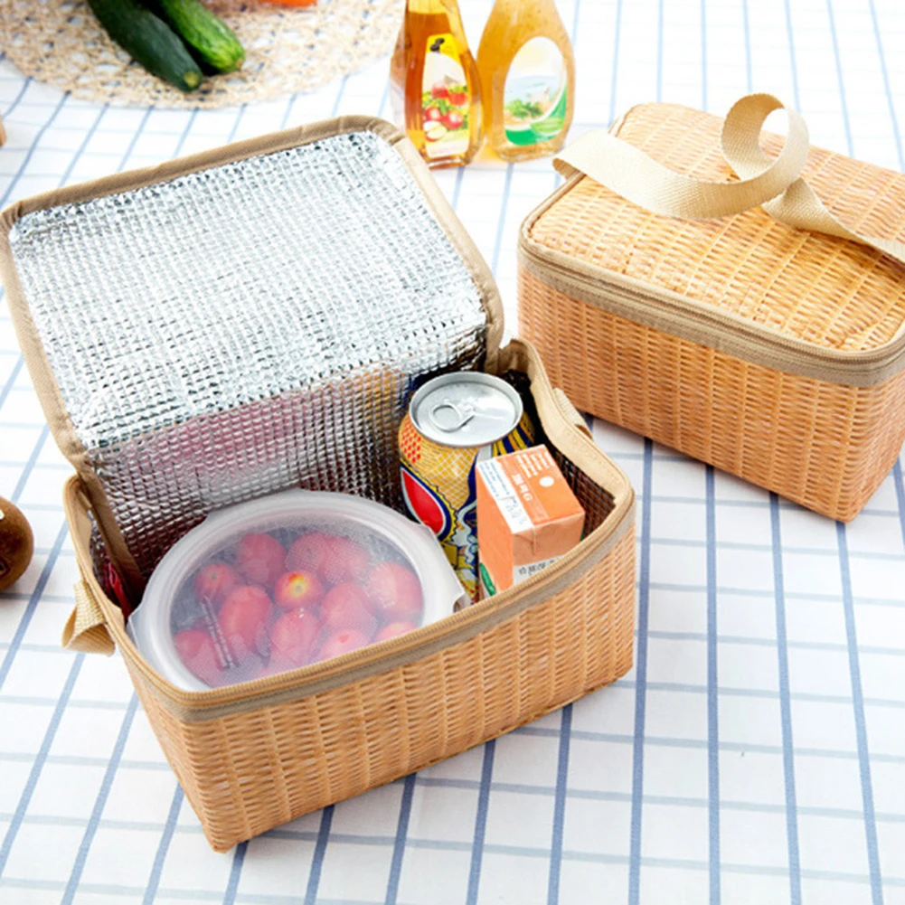 

Portable Wicker Rattan Lunch Bag Outdoor Picnic Bag Waterproof Tableware Insulated Thermal Cooling Food Container For Camping