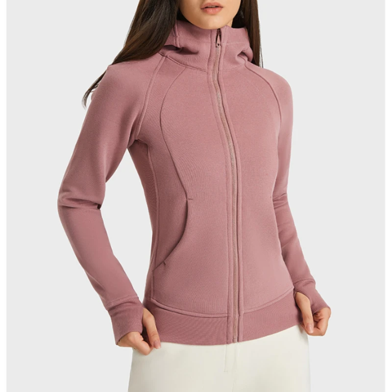 Hiking Thick Warm Hooded Running Jackets Women Autumn Winter Fitness Sports Lulucoat Casual Thumb Hole Zipper Outdoor Pockets